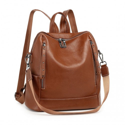 BPM2438 - Miss Lulu Women's Convertible PU Leather Backpack & Shoulder Bag – Versatile 2-in-1 Design - Brown