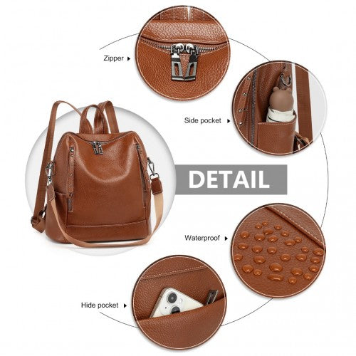 BPM2438 - Miss Lulu Women's Convertible PU Leather Backpack & Shoulder Bag – Versatile 2-in-1 Design - Brown