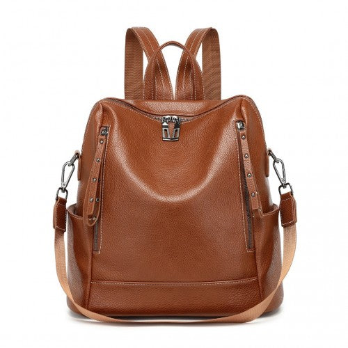 BPM2438 - Miss Lulu Women's Convertible PU Leather Backpack & Shoulder Bag – Versatile 2-in-1 Design - Brown