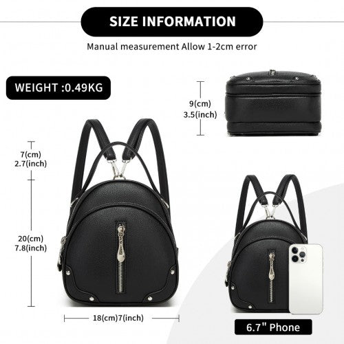 BPM2450 - Miss Lulu Convertible Mini Backpack for Women - PU Leather 3-in-1 Small Handbag, Crossbody Bag & Shoulder Backpack - Black