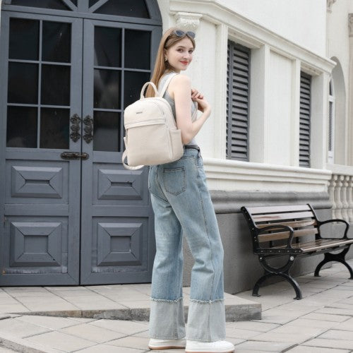 BPM2452 - Miss Lulu Stylish PU Leather Backpack with Anti-Theft Back Zipper for Work, Travel & Daily Use - Beige