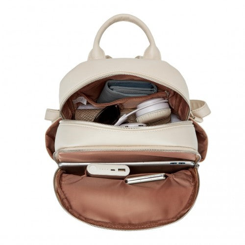 BPM2452 - Miss Lulu Stylish PU Leather Backpack with Anti-Theft Back Zipper for Work, Travel & Daily Use - Beige