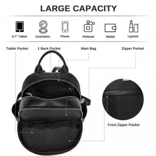 BPM2452 - Miss Lulu Stylish PU Leather Backpack with Anti-Theft Back Zipper for Work, Travel & Daily Use - Black