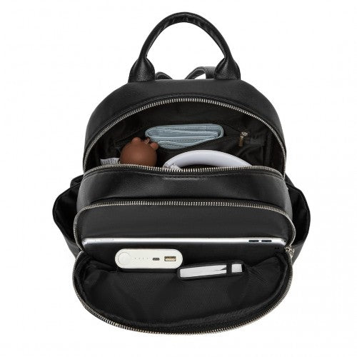 BPM2452 - Miss Lulu Stylish PU Leather Backpack with Anti-Theft Back Zipper for Work, Travel & Daily Use - Black