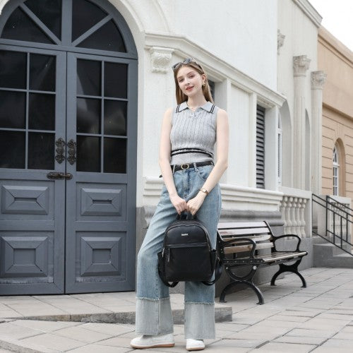 BPM2452 - Miss Lulu Stylish PU Leather Backpack with Anti-Theft Back Zipper for Work, Travel & Daily Use - Black
