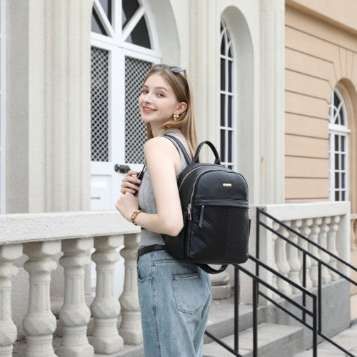 BPM2452 - Miss Lulu Stylish PU Leather Backpack with Anti-Theft Back Zipper for Work, Travel & Daily Use - Black