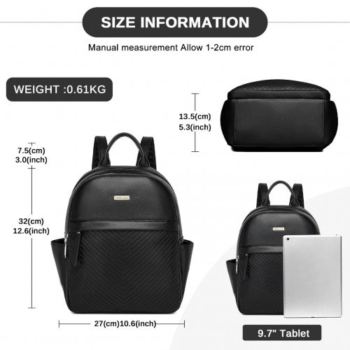 BPM2452 - Miss Lulu Stylish PU Leather Backpack with Anti-Theft Back Zipper for Work, Travel & Daily Use - Black