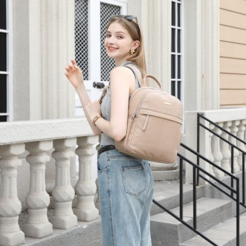 BPM2452 - Miss Lulu Stylish PU Leather Backpack with Anti-Theft Back Zipper for Work, Travel & Daily Use - Khaki