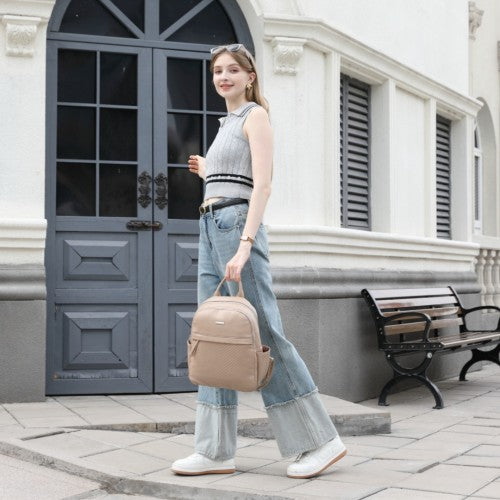 BPM2452 - Miss Lulu Stylish PU Leather Backpack with Anti-Theft Back Zipper for Work, Travel & Daily Use - Khaki