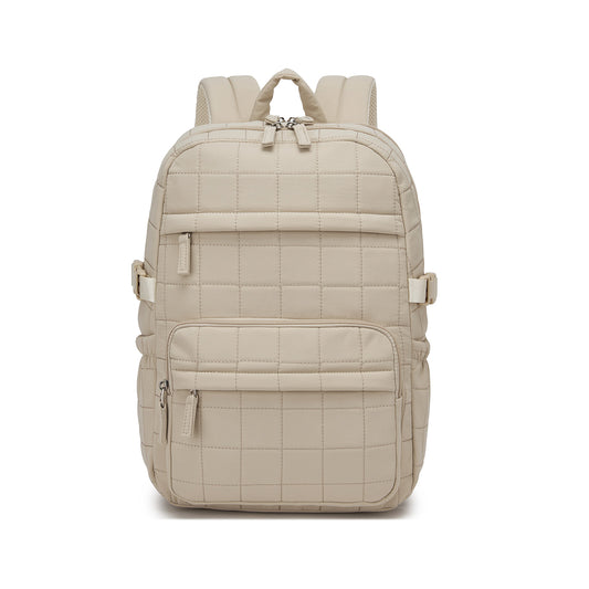 Cream-colored quilted backpack with grid stitching, dual top handles, and integrated padded shoulder straps