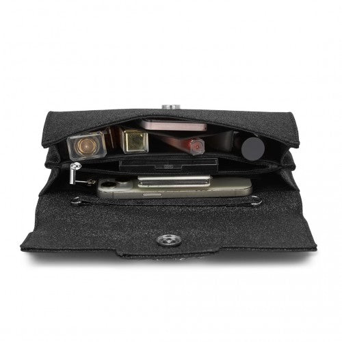 CLM2461 - Miss Lulu Glitter Evening Clutch with Crystal Embellishment & Detachable Chain Strap - Elegant Crossbody or Handheld Bag - Black