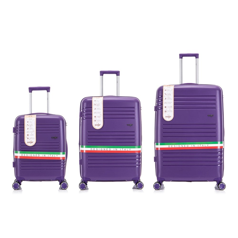 Three piece purple hard shell luggage set in small medium and large sizes with matching spinner wheels