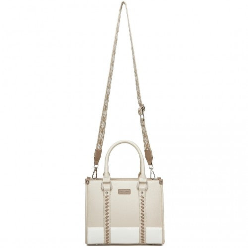 HBM2462 - Miss Lulu PU Leather Graceful Spacious Tote Bag with Woven Trim and Detachable Ethnic Strap - Beige