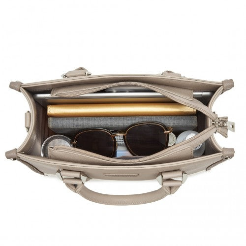 HBM2462 - Miss Lulu PU Leather Graceful Spacious Tote Bag with Woven Trim and Detachable Ethnic Strap - Khaki