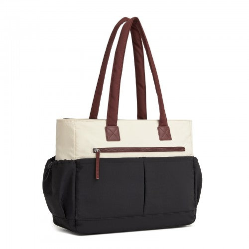 Miss Lulu HBM2611 beige and black tote bag – front view