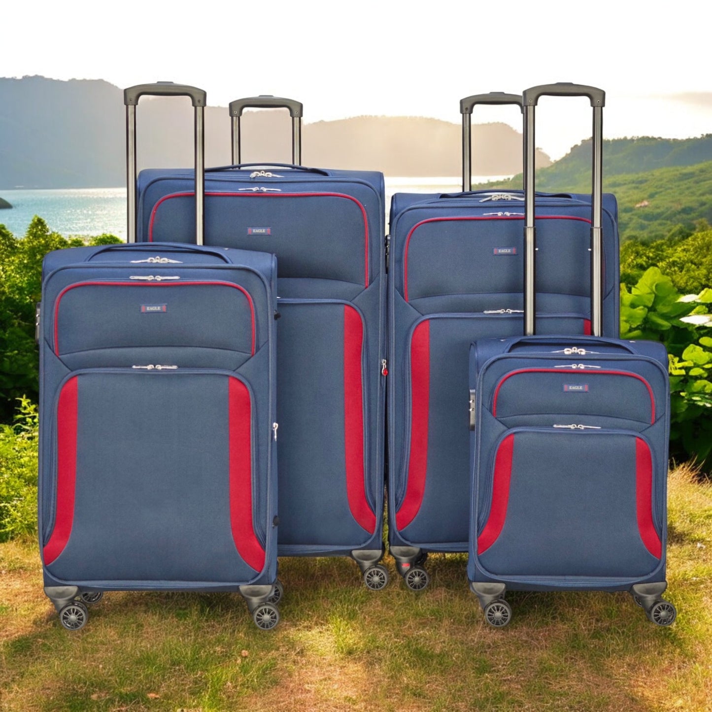 EAGLE – Premium Soft Suitcase with 4 Silent 360° Spinner Wheels, Combination Lock, and Elegant Navy/Red Design