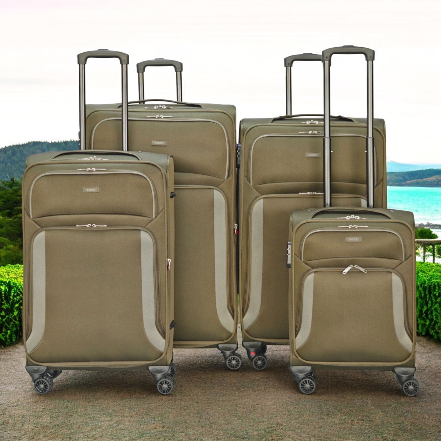 EAGLE – Premium Soft Suitcase with 4 Silent 360° Spinner Wheels, Combination Lock, and Elegant Army Green/Grey Design