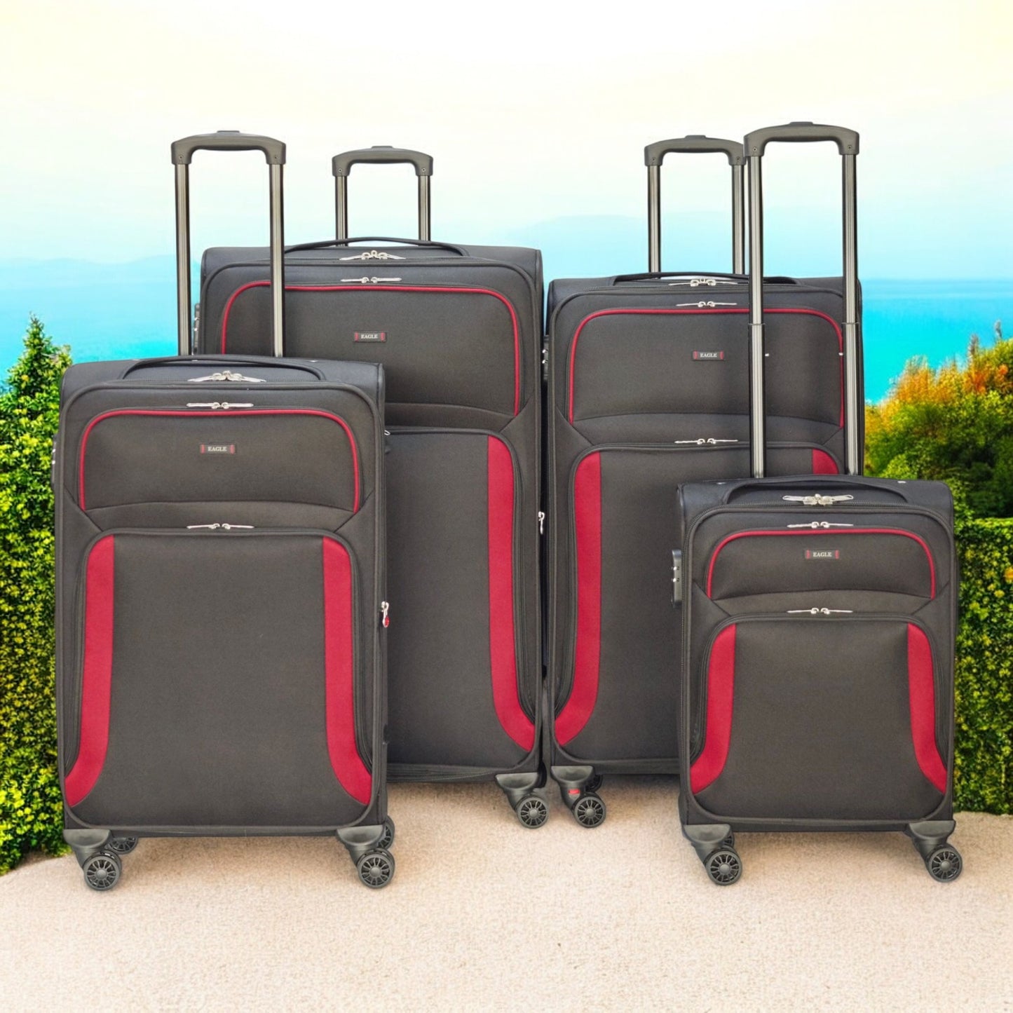 EAGLE – Premium Soft Suitcase with 4 Silent 360° Spinner Wheels, Combination Lock, and Elegant Black/Red Design