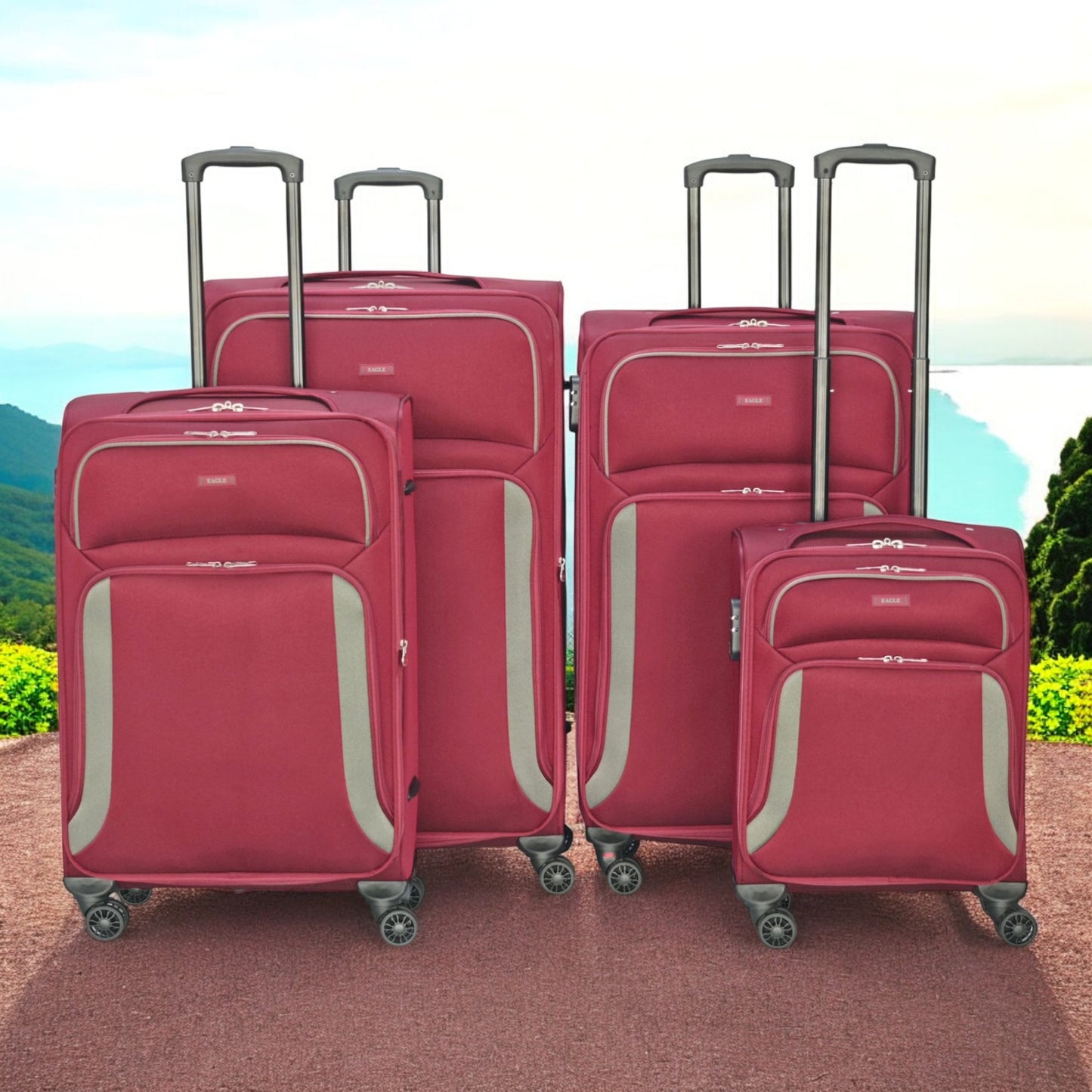 EAGLE – Premium Soft Suitcase with 4 Silent 360° Spinner Wheels, Combination Lock, and Elegant Burgundy/Grey Design