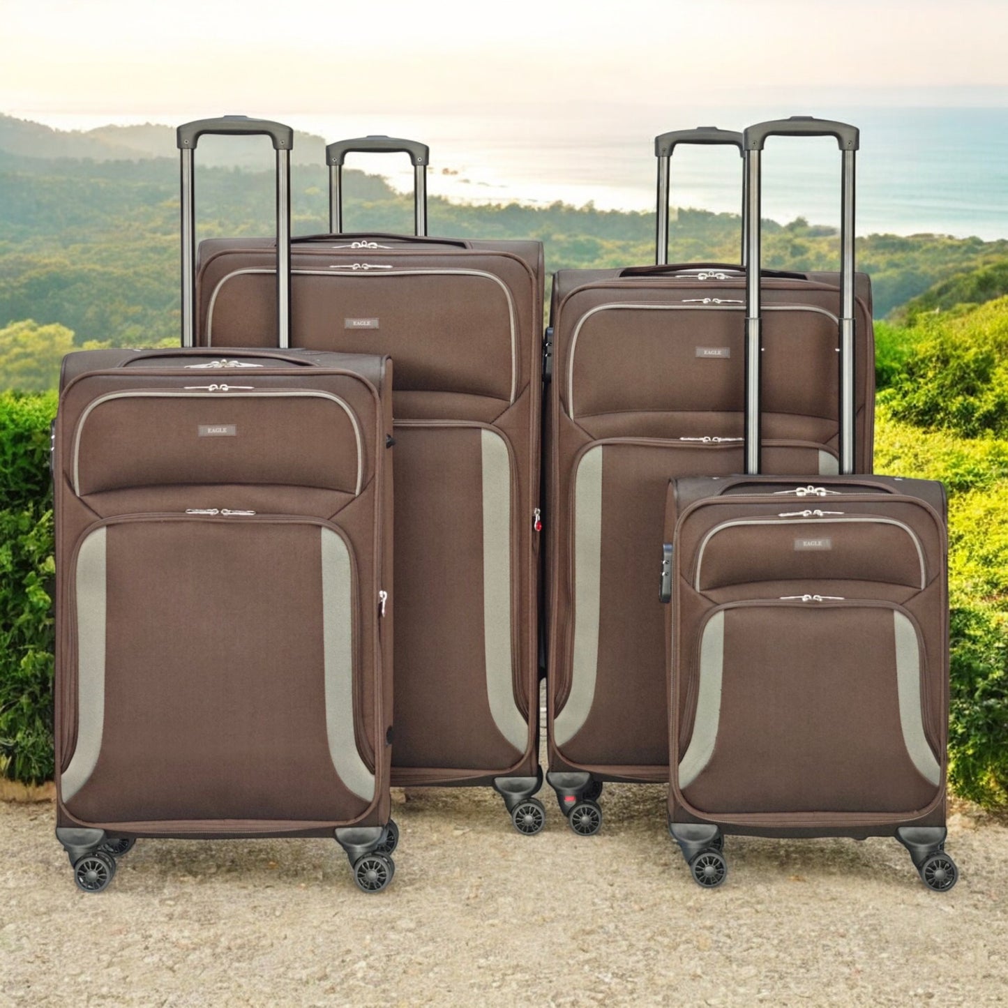 EAGLE – Premium Soft Suitcase with 4 Silent 360° Spinner Wheels, Combination Lock, and Elegant Brown/Grey Design