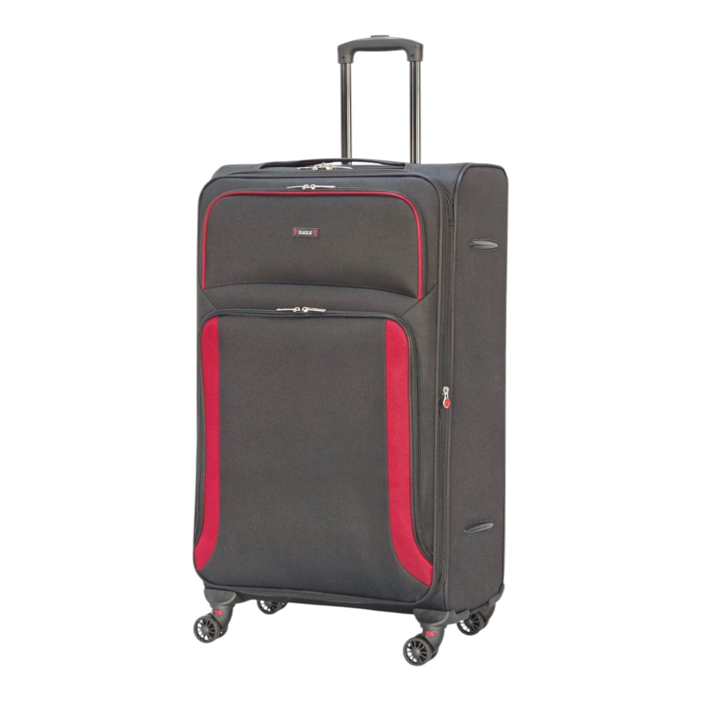EAGLE – Premium Soft Suitcase with 4 Silent 360° Spinner Wheels, Combination Lock, and Elegant Black/Red Design