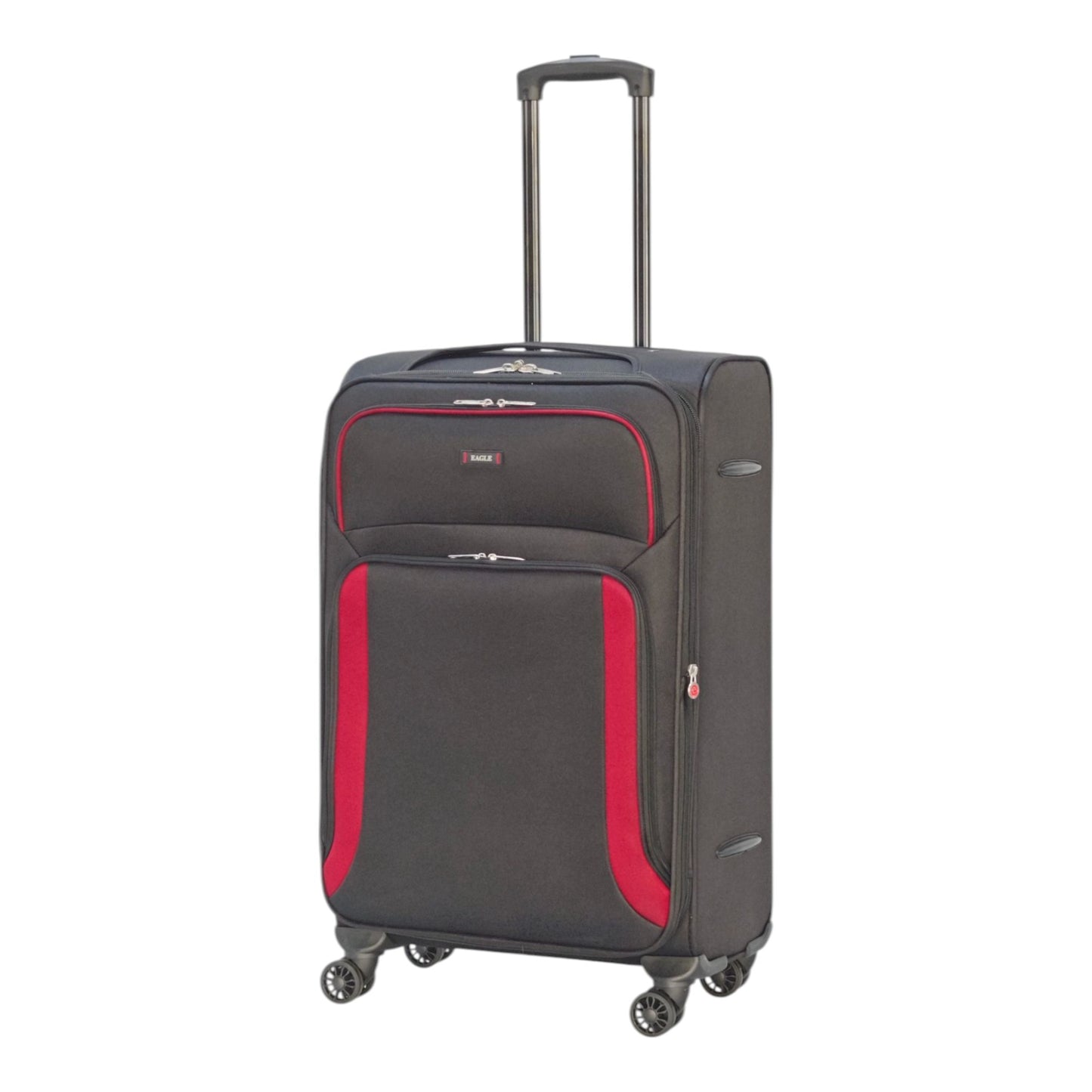EAGLE – Premium Soft Suitcase with 4 Silent 360° Spinner Wheels, Combination Lock, and Elegant Black/Red Design