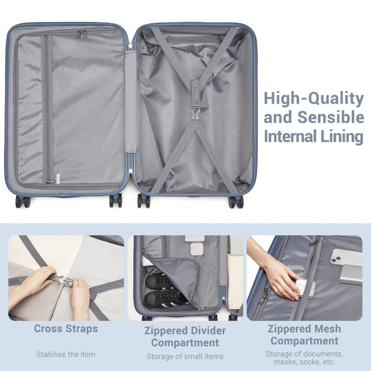 Kono 20" KSK2494 - Cabin Size Minimalist Hard Shell ABS+PC Carry-On Suitcase with TSA Lock 360° Spinner Wheels - Blue