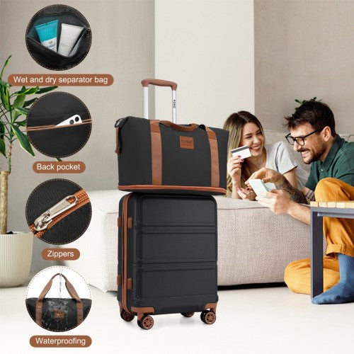 K1871-1L+EA2212 - Kono 6 Piece ABS Suitcase Set With 4 Wheel Design Including Vanity Case Weekend Bag And Toiletry Bag - Black And Brown