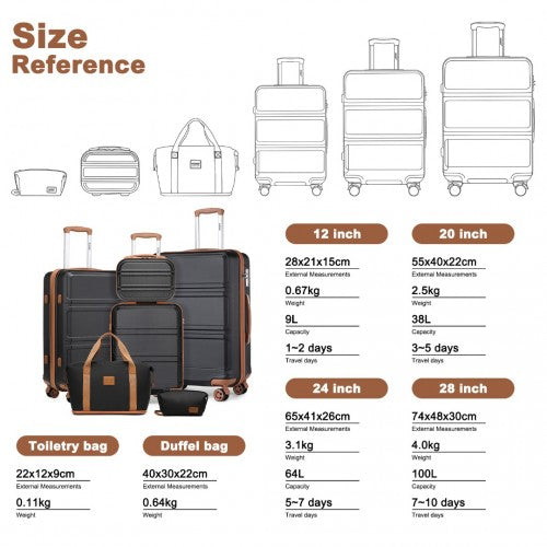K1871-1L+EA2212 - Kono 6 Piece ABS Suitcase Set With 4 Wheel Design Including Vanity Case Weekend Bag And Toiletry Bag - Black And Brown