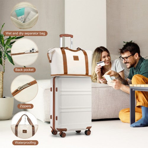 K1871-1L+EA2212 - Kono 6 Piece ABS Suitcase Set With 4 Wheel Design Including Vanity Case Weekend Bag And Toiletry Bag - Cream