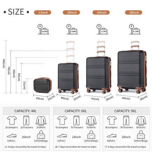 Easy Luggage K1871-1L - Kono ABS Sculpted Horizontal Design 4 Pcs Suitcase Set With Vanity Case - Black And Brown