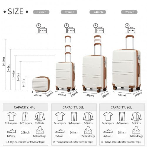 Easy Luggage K1871-1L - Kono ABS Sculpted Horizontal Design 4 Pcs Suitcase Set With Vanity Case - Cream
