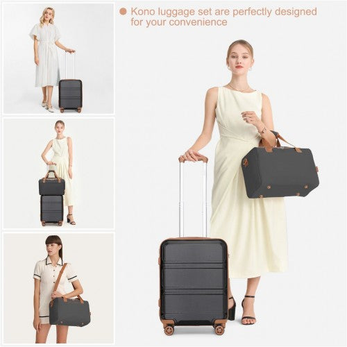 K1871-1L+EA2321 - Kono ABS 20 Inch Sculpted Horizontal Design 2 Piece Suitcase Set With Cabin Bag - Black And Brown