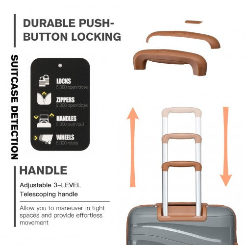 K2094L - Kono Lightweight Polypropylene Hard Shell 4 Piece Suitcase Set With TSA Lock And Vanity Case - Grey And Brown