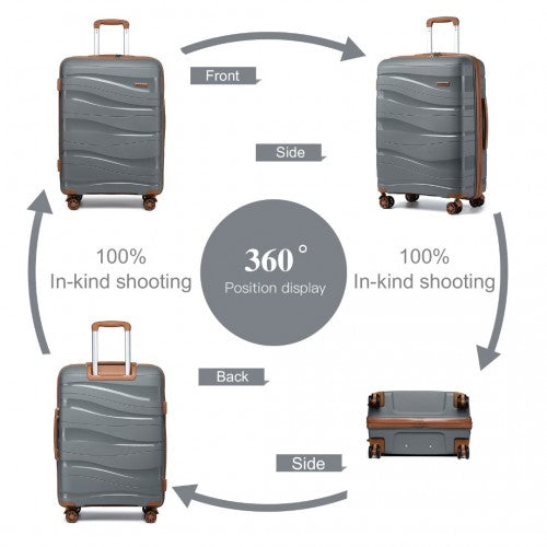 K2094L - Kono Lightweight Polypropylene Hard Shell 4 Piece Suitcase Set With TSA Lock And Vanity Case - Grey And Brown
