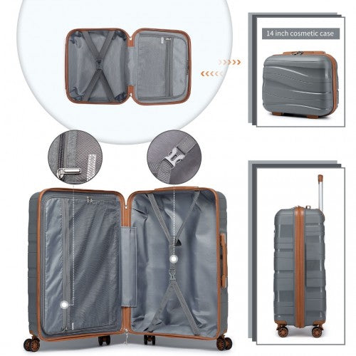 K2094L - Kono 14/20 Inch Lightweight Polypropylene Hard Shell 2 Piece Suitcase Set With TSA Lock And Vanity Case - Grey And Brown