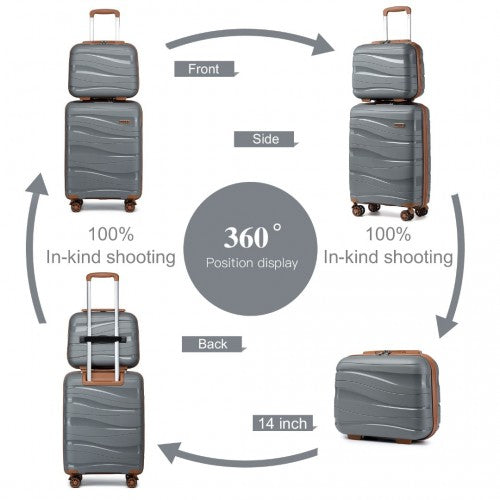 K2094L - Kono 14/20 Inch Lightweight Polypropylene Hard Shell 2 Piece Suitcase Set With TSA Lock And Vanity Case - Grey And Brown