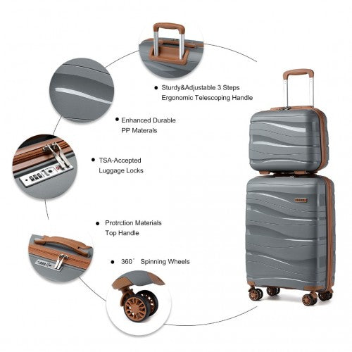 K2094L - Kono 14/20 Inch Lightweight Polypropylene Hard Shell 2 Piece Suitcase Set With TSA Lock And Vanity Case - Grey And Brown