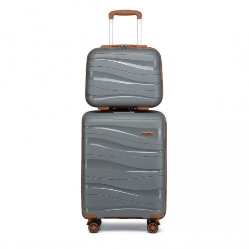K2094L - Kono 14/20 Inch Lightweight Polypropylene Hard Shell 2 Piece Suitcase Set With TSA Lock And Vanity Case - Grey And Brown
