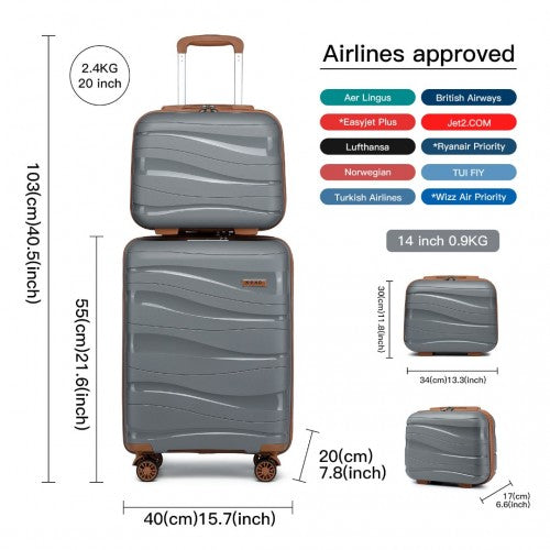 K2094L - Kono 14/20 Inch Lightweight Polypropylene Hard Shell 2 Piece Suitcase Set With TSA Lock And Vanity Case - Grey And Brown