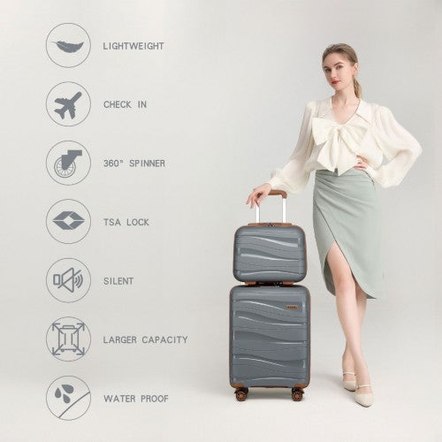 K2094L - Kono 14/20 Inch Lightweight Polypropylene Hard Shell 2 Piece Suitcase Set With TSA Lock And Vanity Case - Grey And Brown