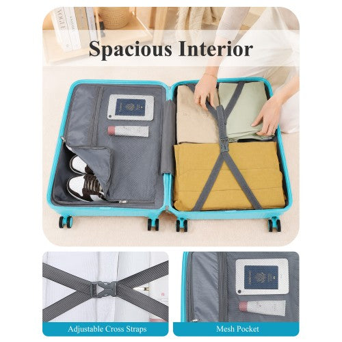 Packed light blue Kono suitcase interior with yellow garment secured by adjustable straps and passport in mesh pocket