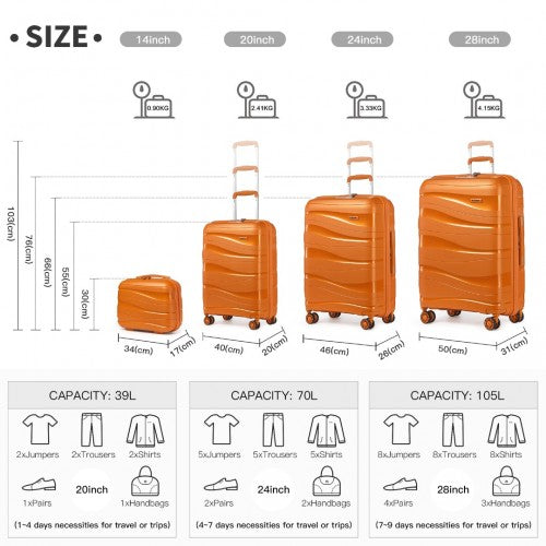 Easy Luggage K2094L - Kono Lightweight Polypropylene Hard Shell 4 Piece Suitcase Set With TSA Lock And Vanity Case - Orange
