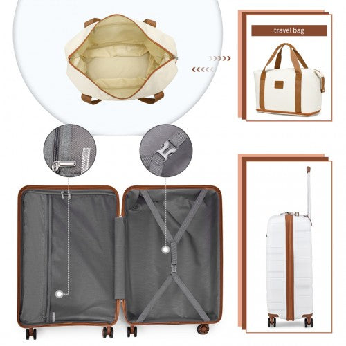 K2094L+EA2212 - Kono 20 Inch Polypropylene Cabin Size Suitcase 3 Piece Travel Set with Weekend Bag and Toiletry Bag - Cream