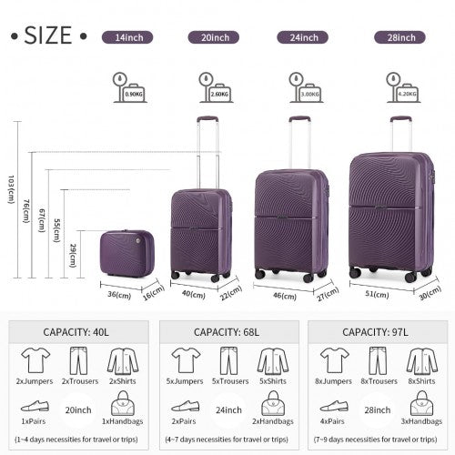 Easy Luggage K2393L - British Traveller 4 Pcs Set Spinner Hard Shell PP Suitcase With TSA Lock And Vanity Case - Purple