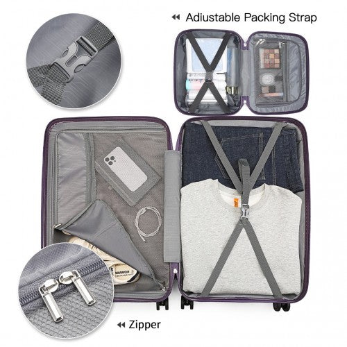 Easy Luggage K2393L - British Traveller 4 Pcs Set Spinner Hard Shell PP Suitcase With TSA Lock And Vanity Case - Purple