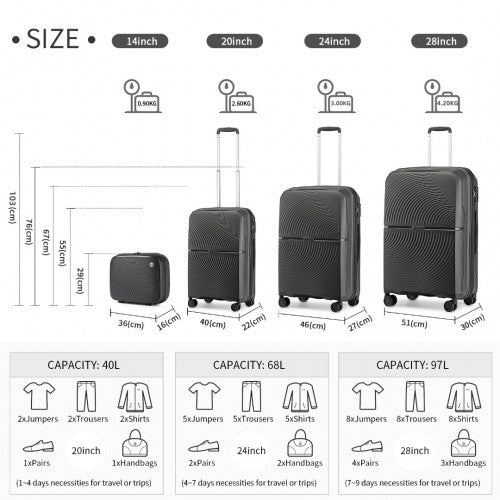 Easy Luggage K2393L - British Traveller 4 Pcs Set Spinner Hard Shell PP Suitcase With TSA Lock And Vanity Case - Black
