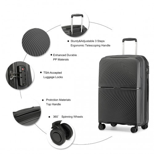 Easy Luggage K2393L - British Traveller 4 Pcs Set Spinner Hard Shell PP Suitcase With TSA Lock And Vanity Case - Black