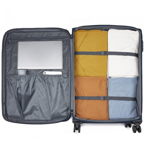 KSB2597 - British Traveller Sleek Tough 3-Piece Travel Soft-Shell Suitcase with Silent TPE Spinners, TSA Security and Expandable Checked Sizes - Navy