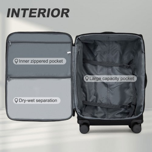 KSK2491 - Kono 3-Piece 20/24/28 Inch Lightweight Durable Soft Shell Suitcase Set with TSA Lock and Separate Wet/Dry Compartment - Black